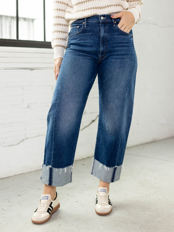 dark wash cuffed barrel denim