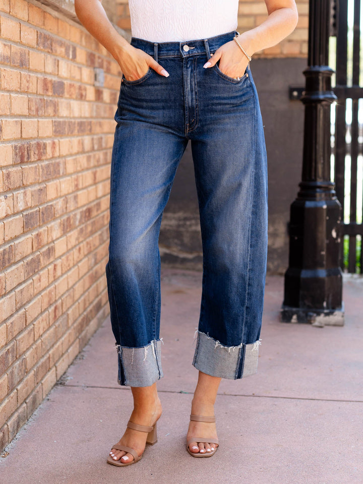 cuffed dark barrel denim