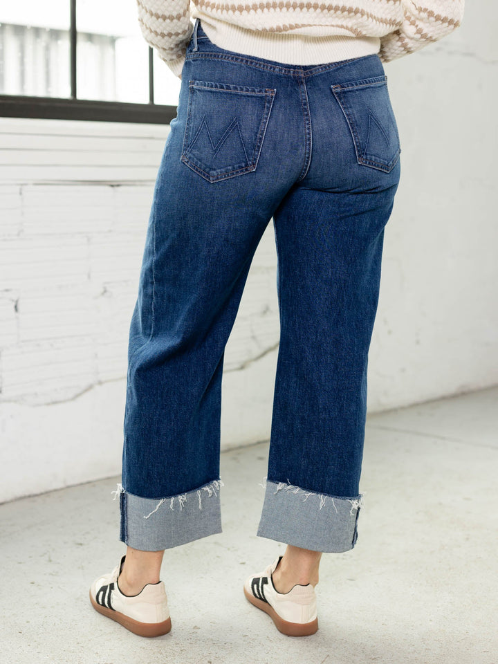 dark wash cuffed barrel denim