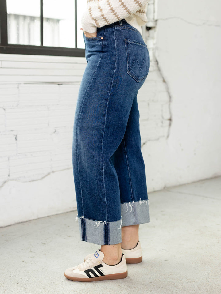 dark wash cuffed barrel denim