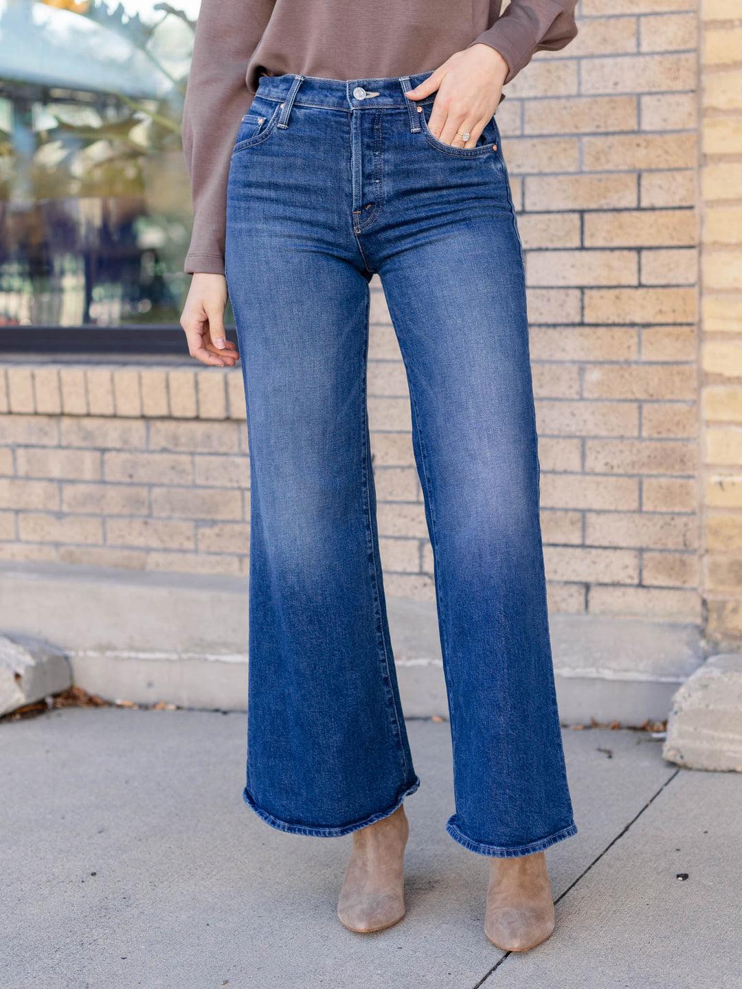 medium wash wide flared denim