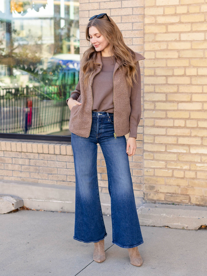 medium wash wide flared denim