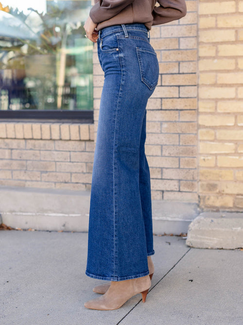 medium wash wide flared denim