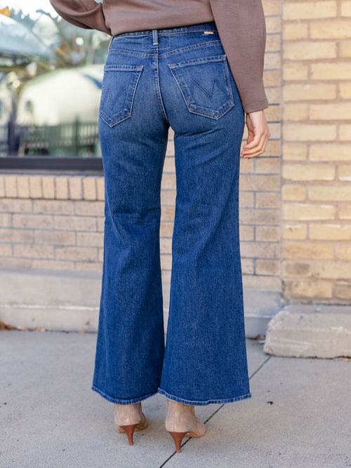 medium wash wide flared denim