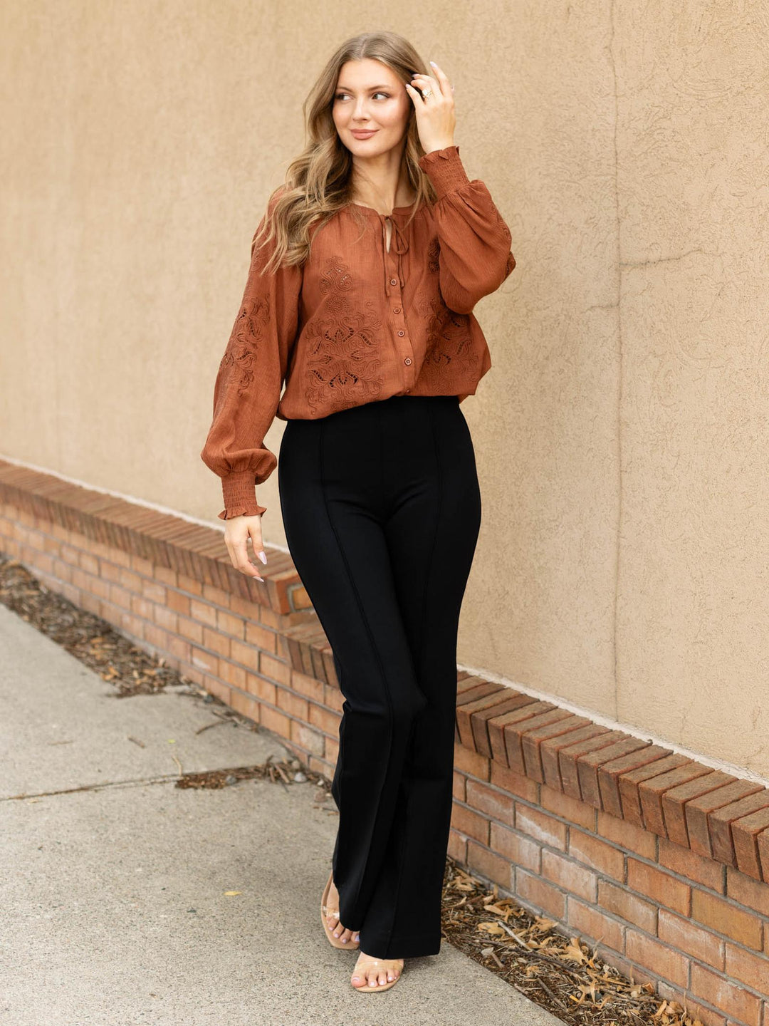 Mystree Embroidered Smocked Button Front Blouse