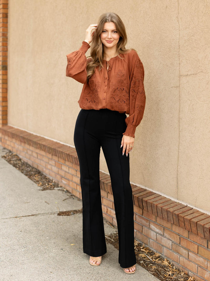 Mystree Embroidered Smocked Button Front Blouse