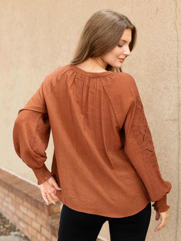 Mystree Embroidered Smocked Button Front Blouse