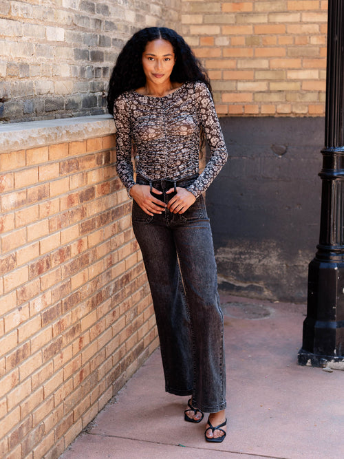 black floral ruched long sleeve