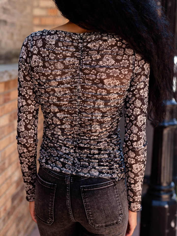 black floral ruched long sleeve