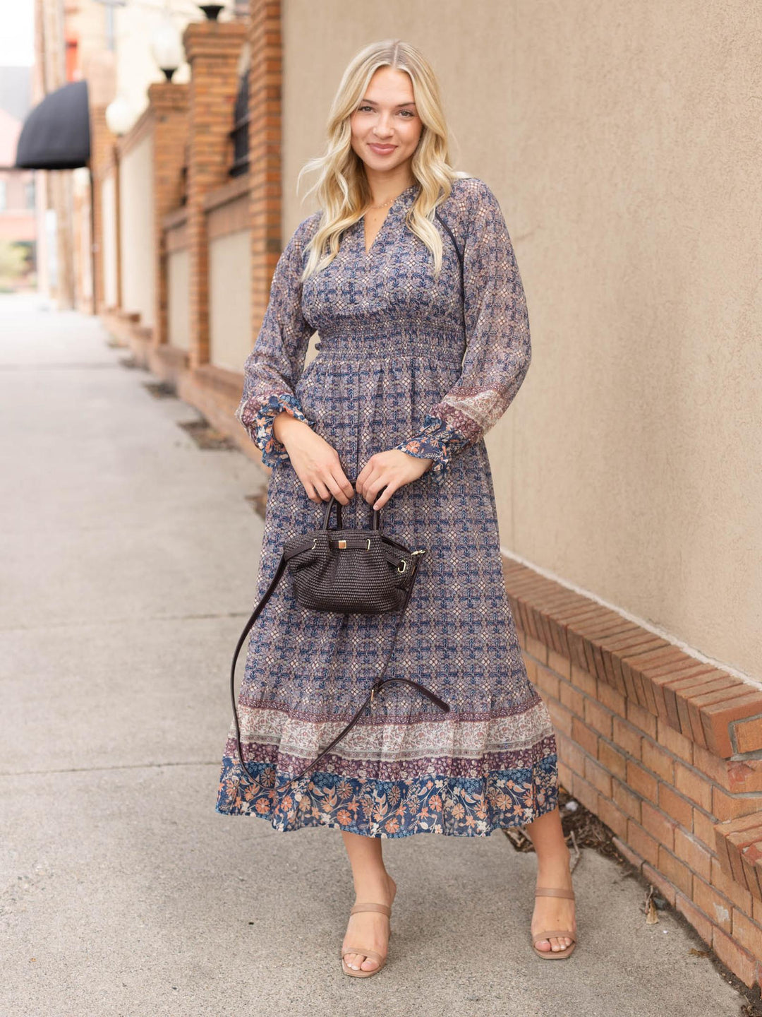 Mystree Long Sleeve Printed Chiffon Dress