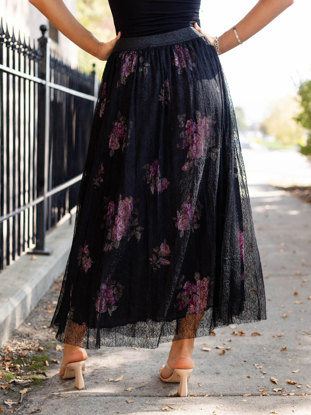 moody floral lace midi skirt