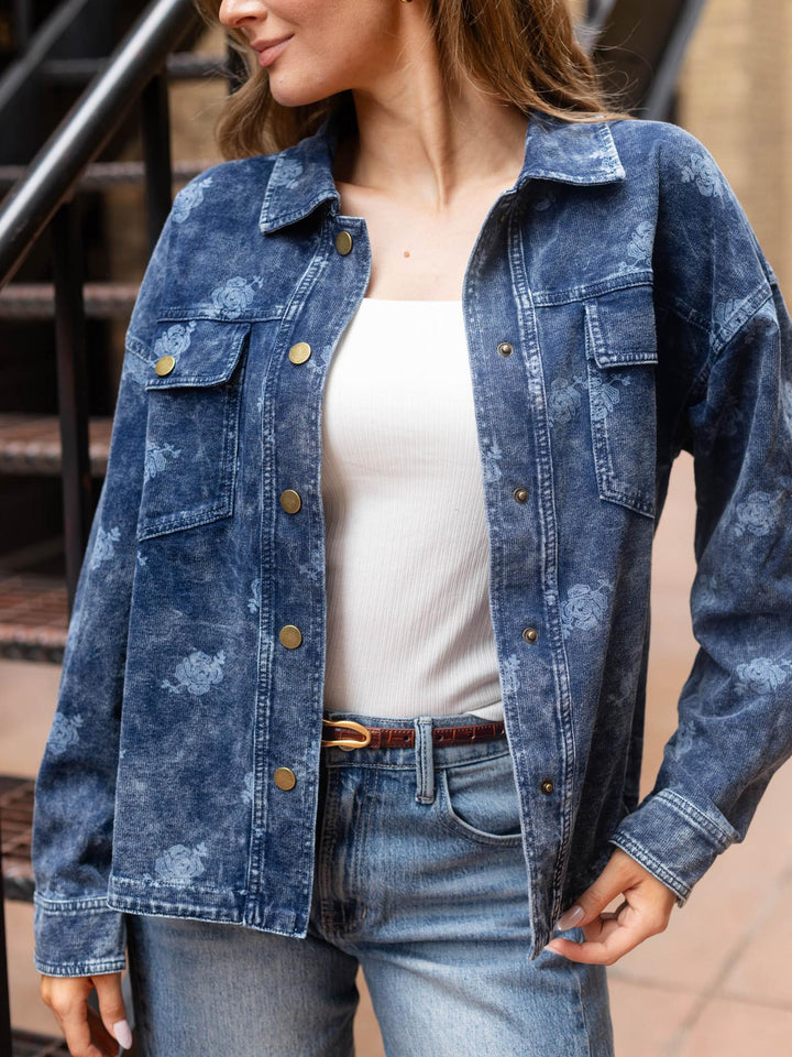 Mystree Printed Knit Denim Shacket