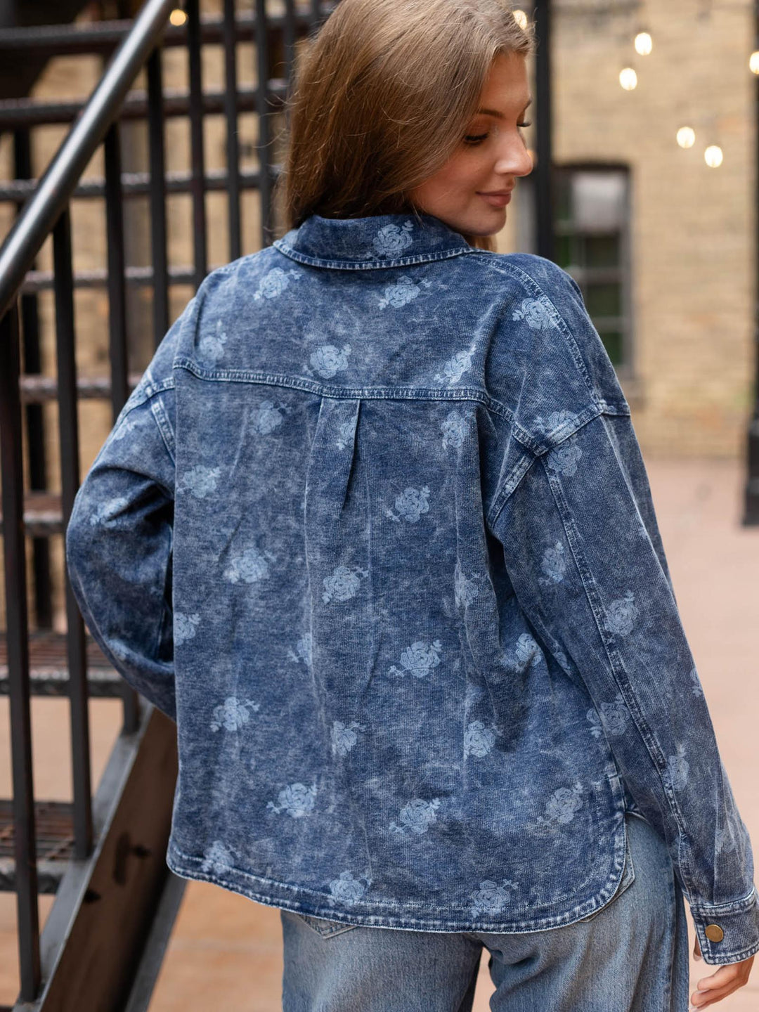 Mystree Printed Knit Denim Shacket
