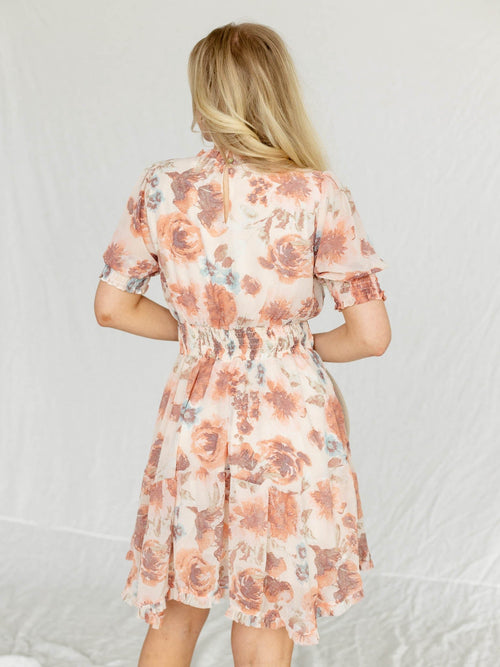 orange and ivory spring floral asymmetrical mini dress