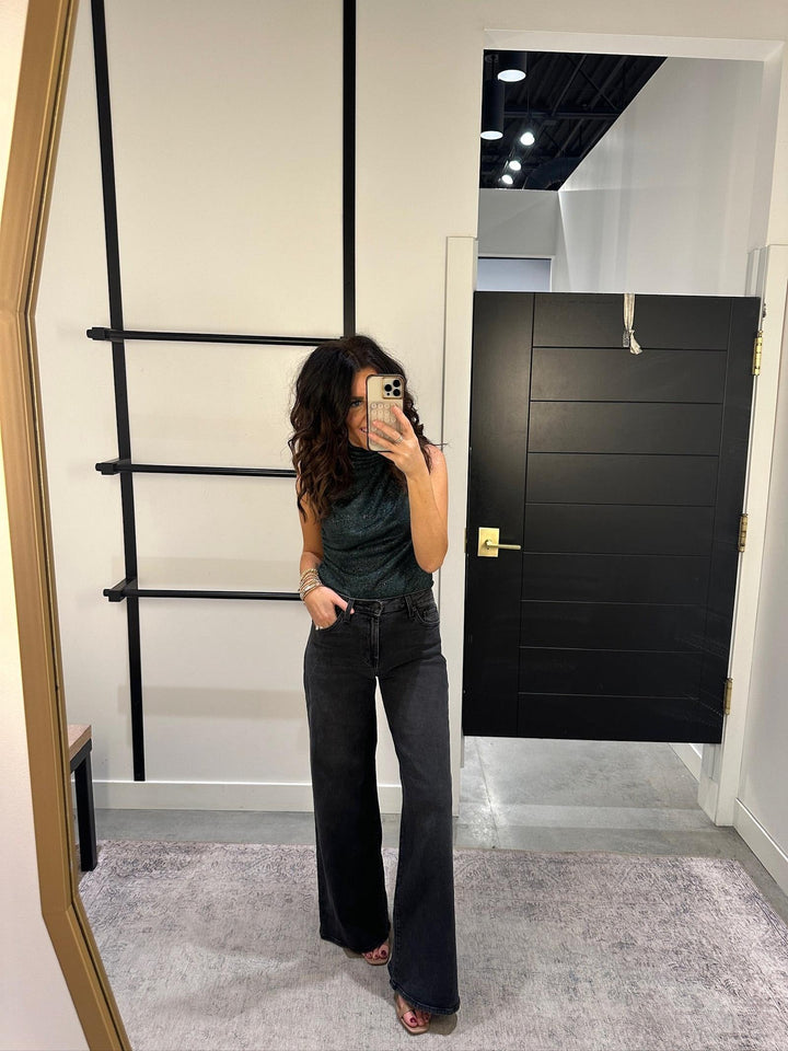 green shimmering mock neck tank