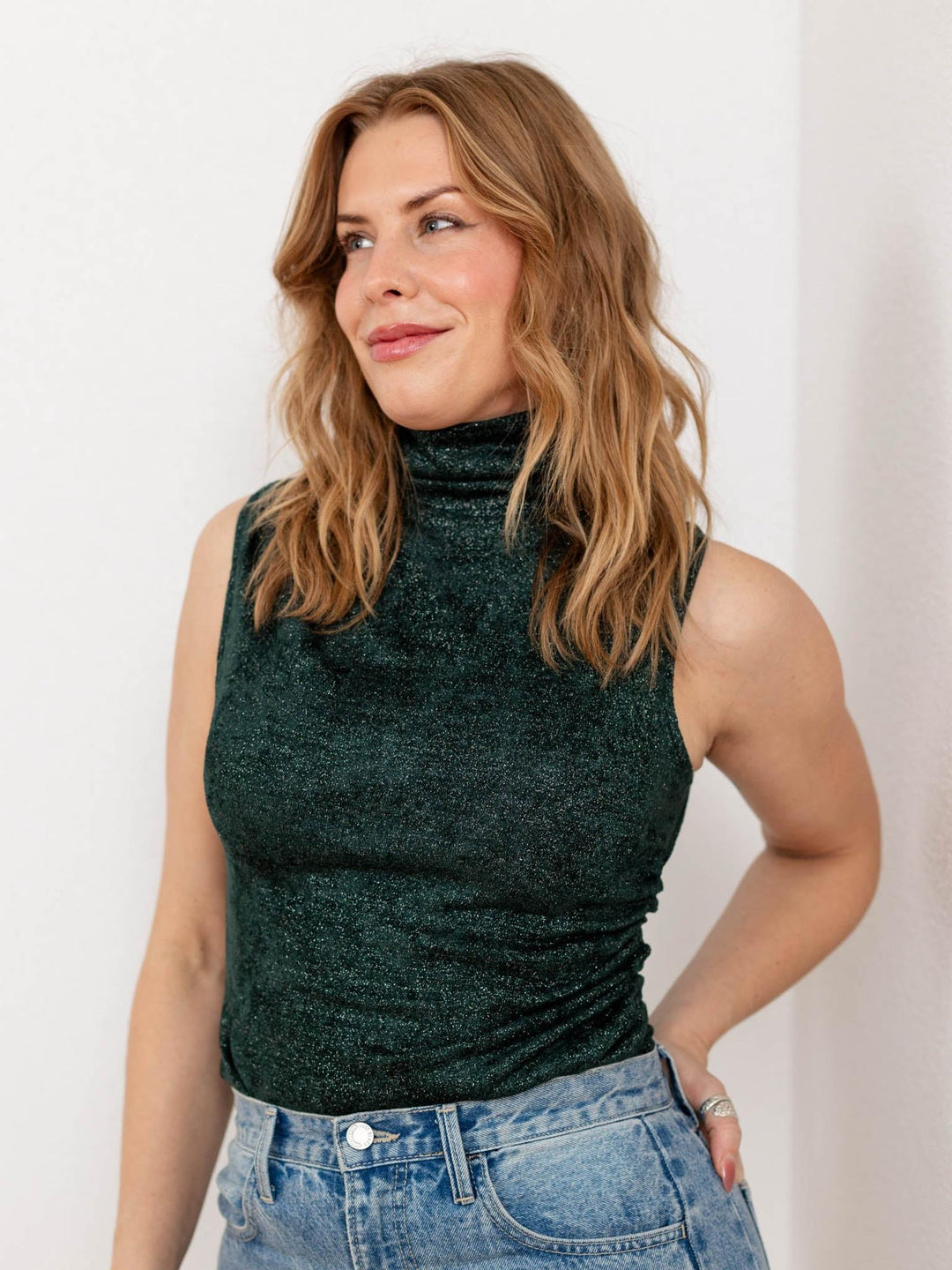 dark green shimmer top