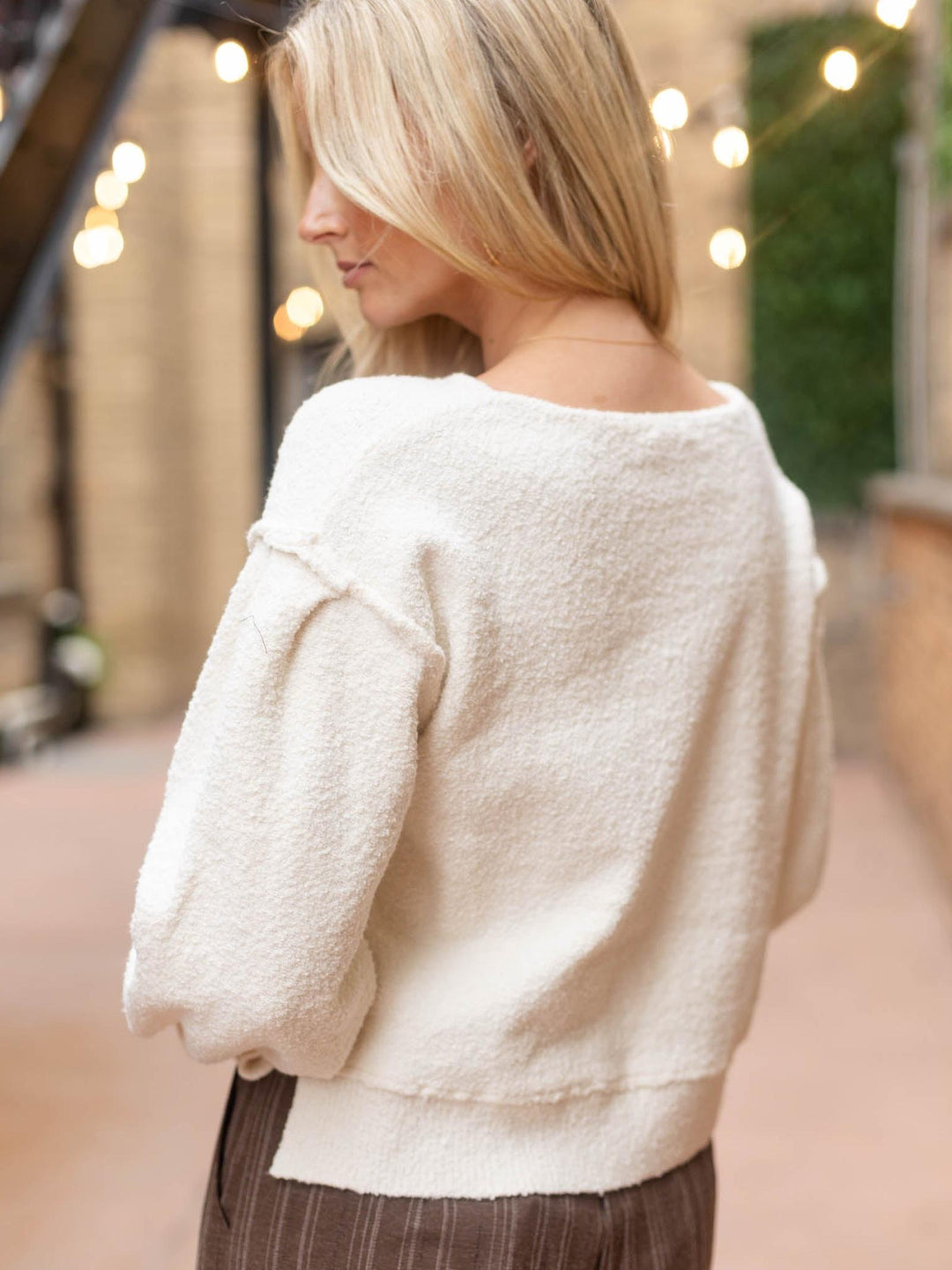 Mystree Solid Balloon Sleeve Boucle Sweater
