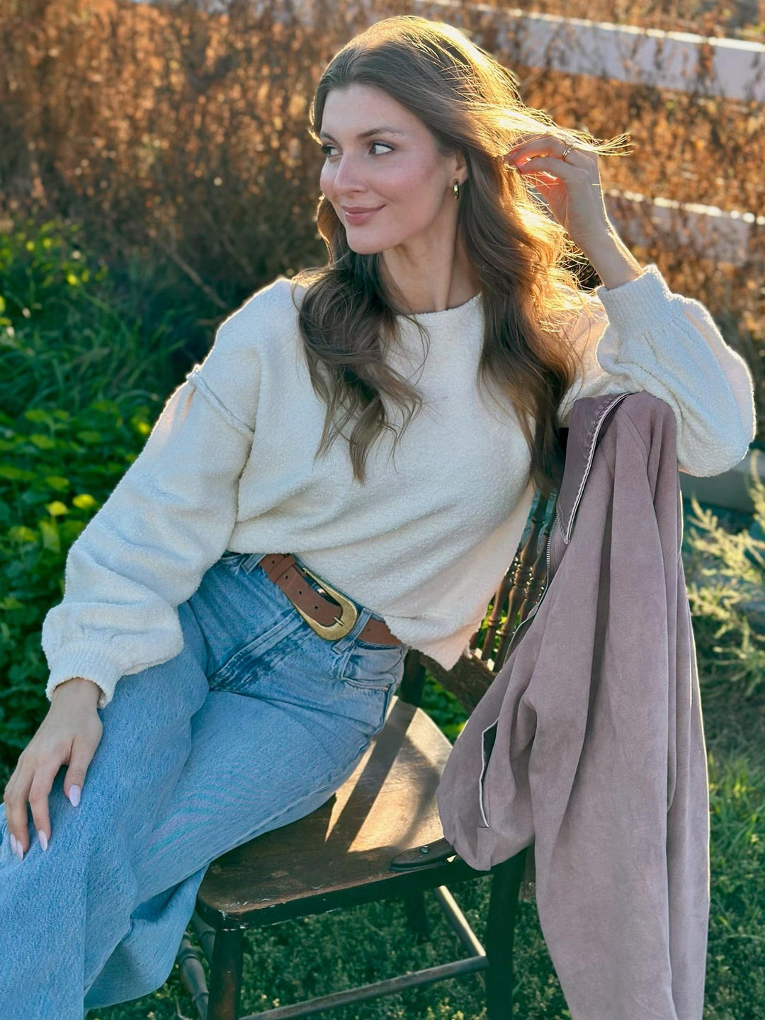 Mystree Solid Balloon Sleeve Boucle Sweater