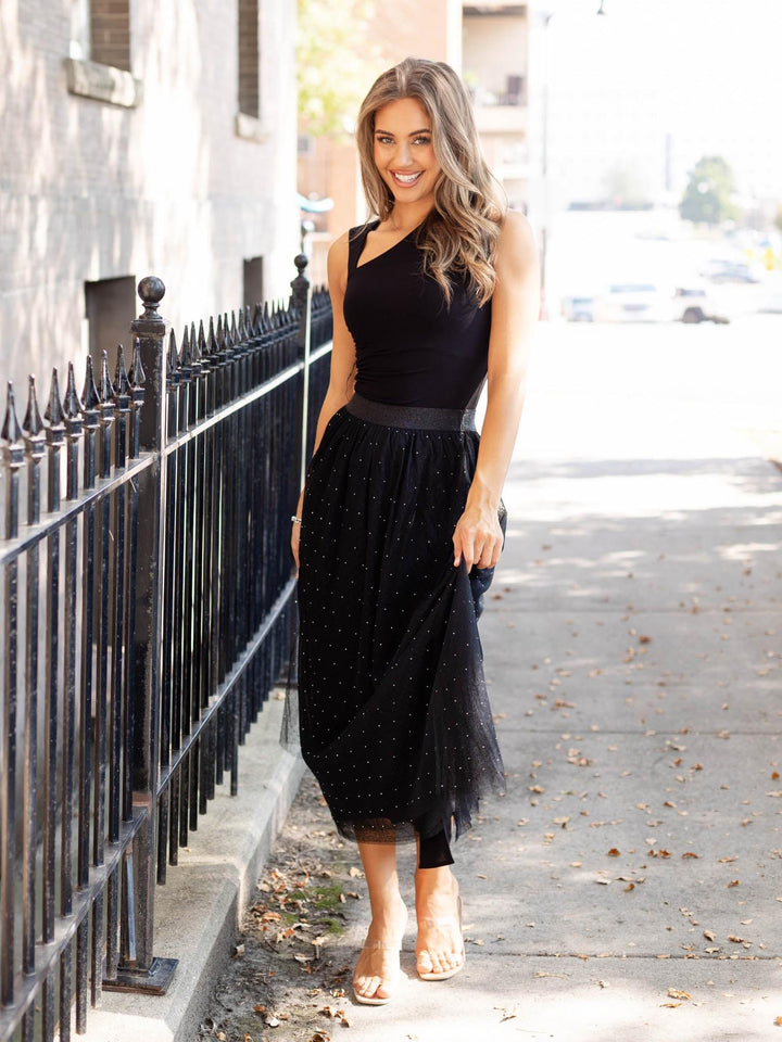sparkle black midi skirt