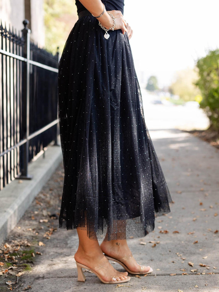 sparkle black midi skirt