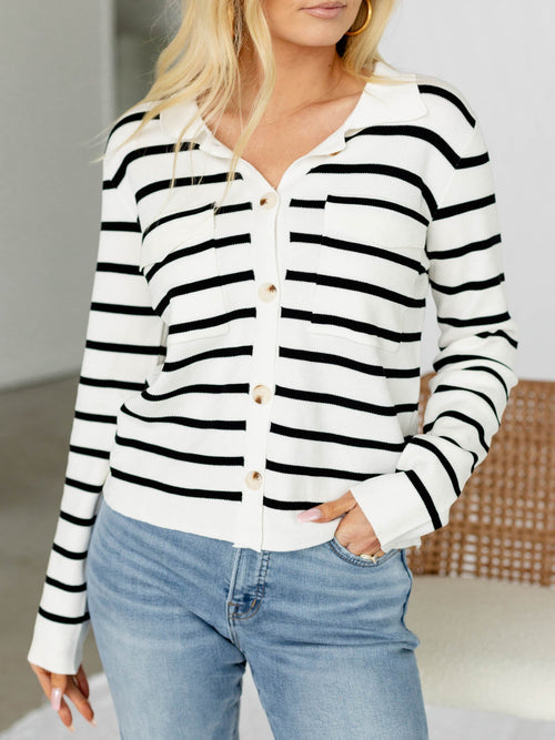 blue and white stripe cardigan sweater