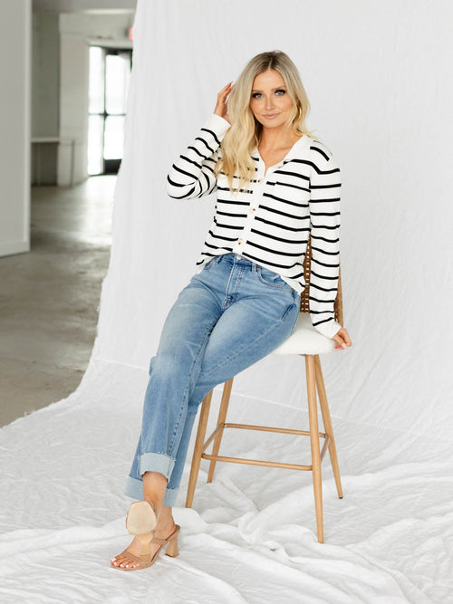 blue and white stripe cardigan sweater