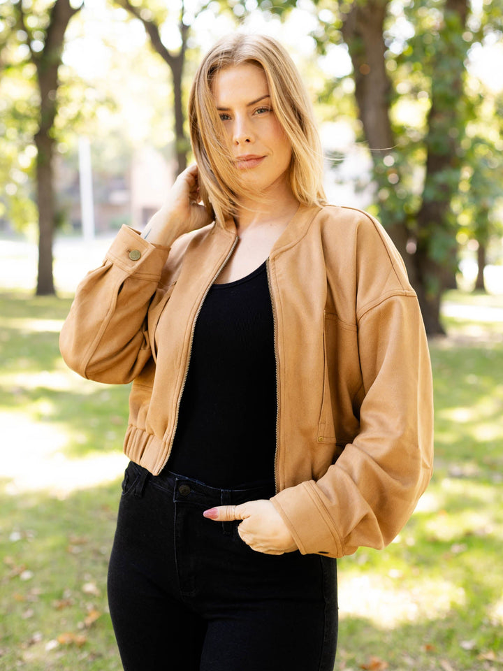 camel suede bomber jacket