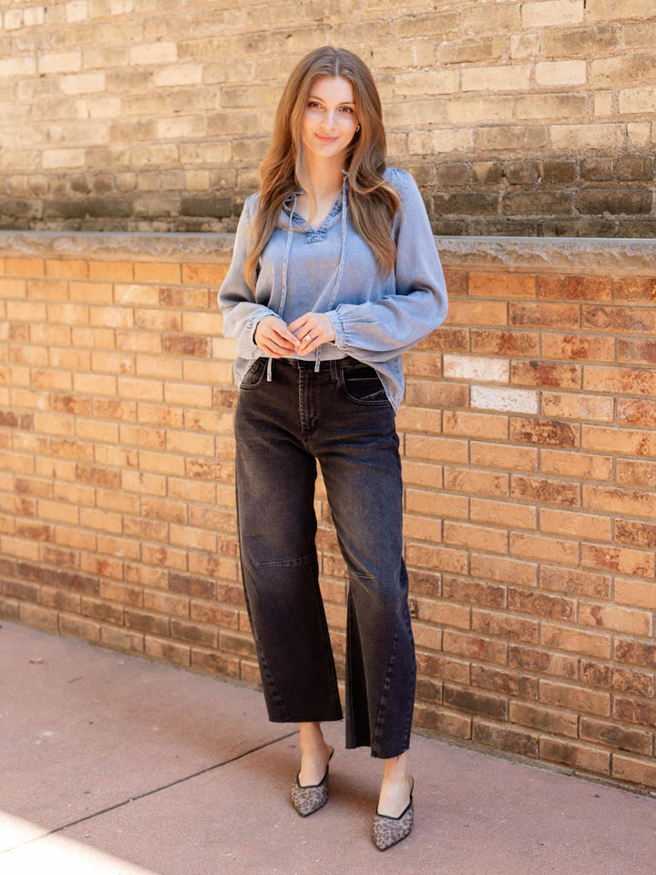 washed denim tie front top
