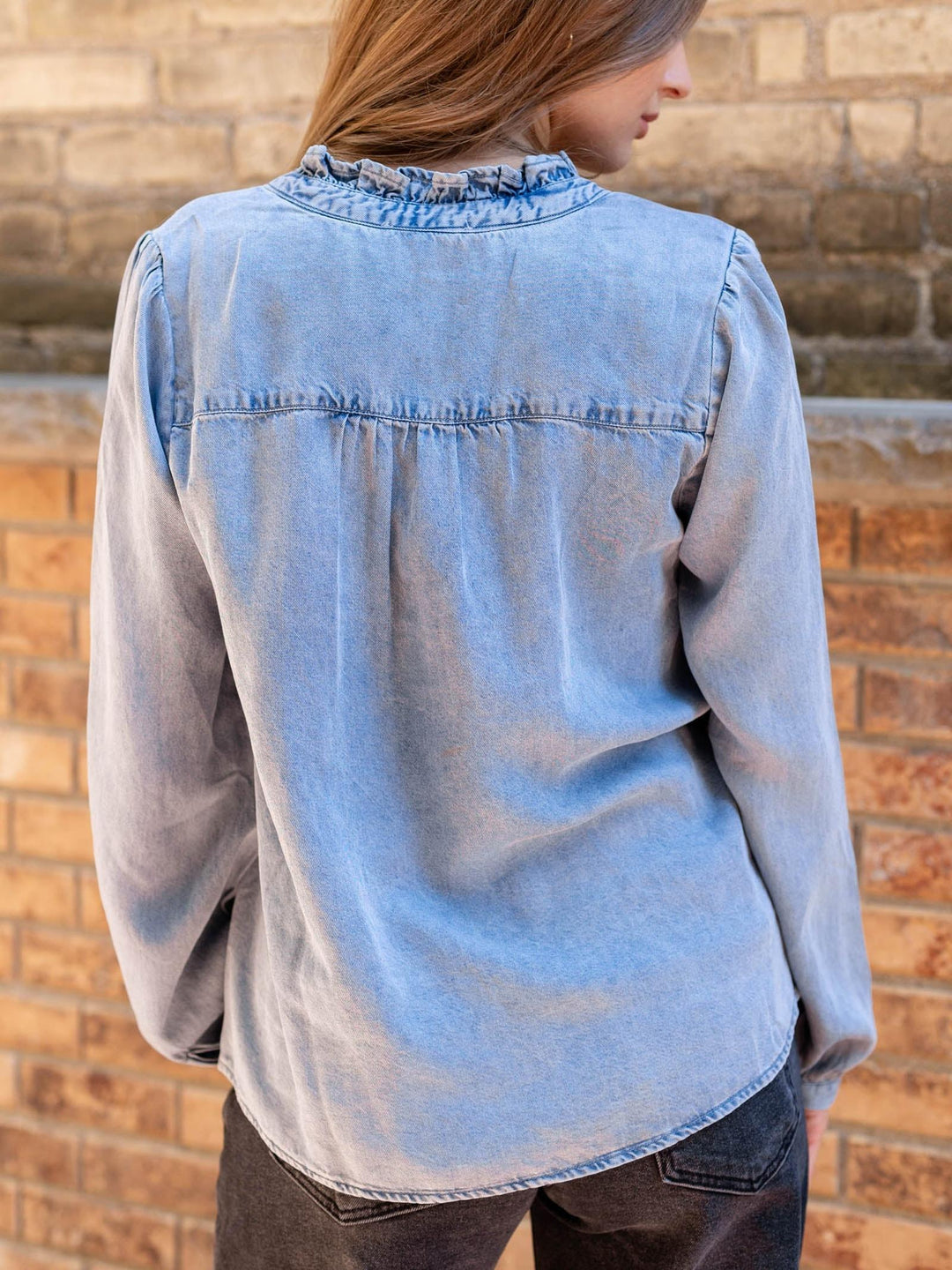 washed denim tie front top