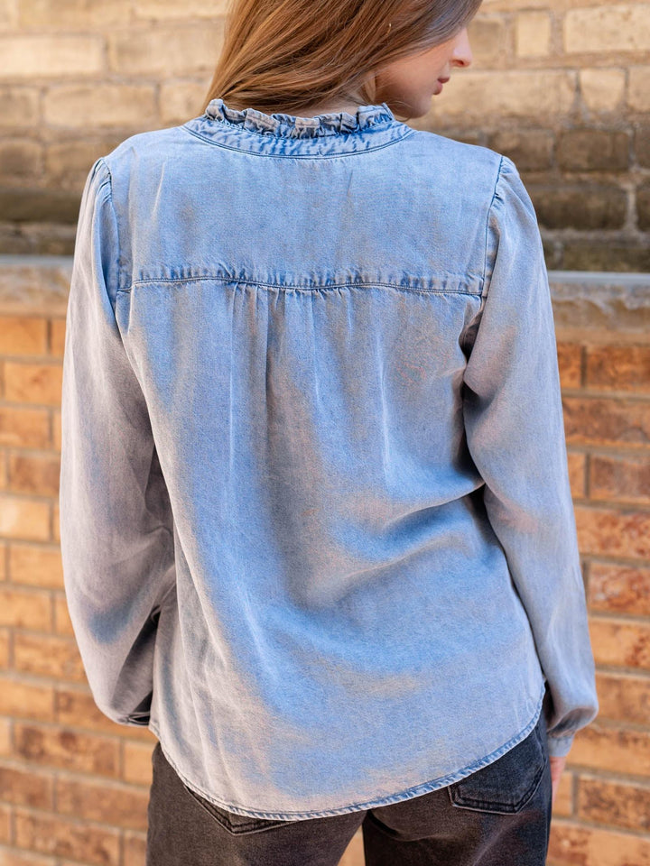 washed denim tie front top