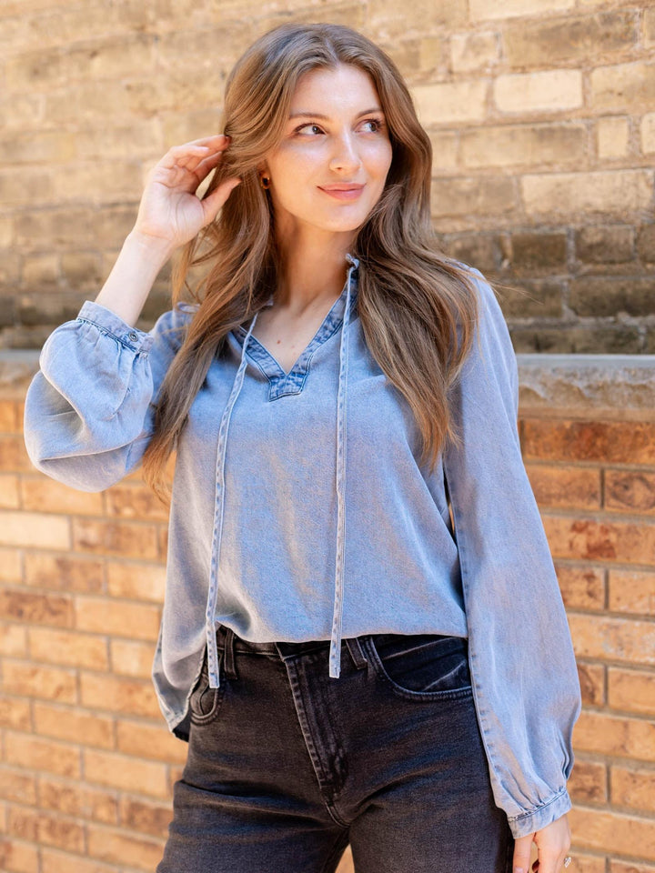 washed denim tie front top