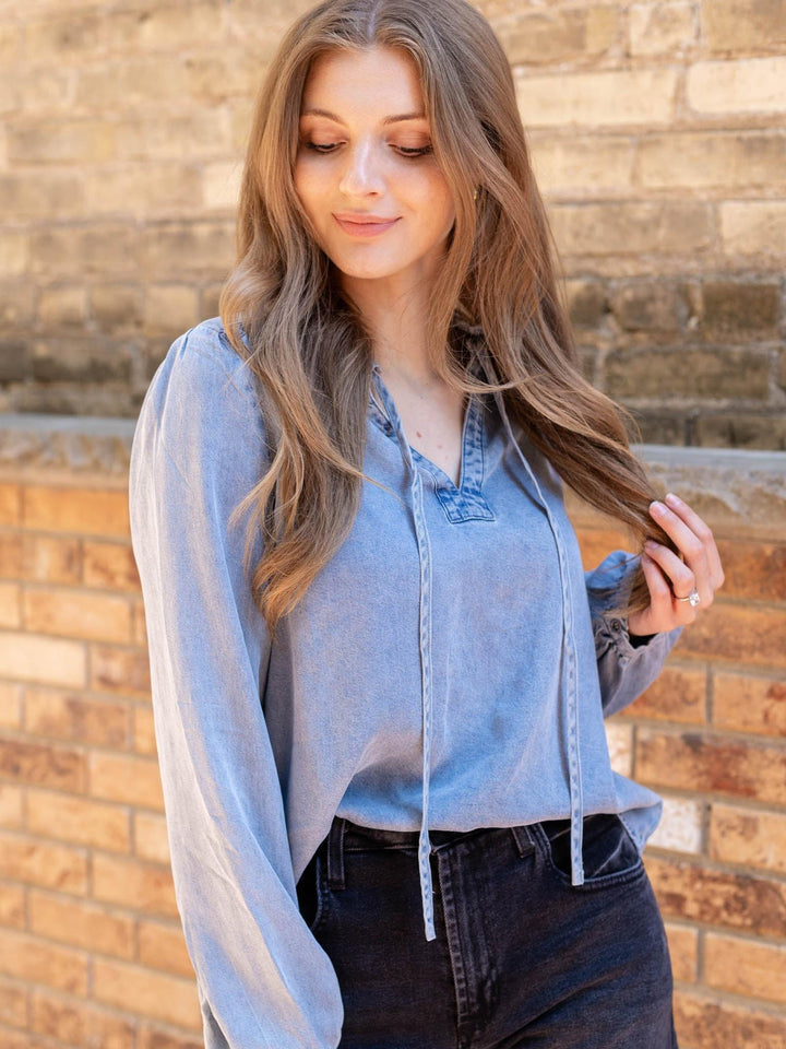 washed denim tie front top