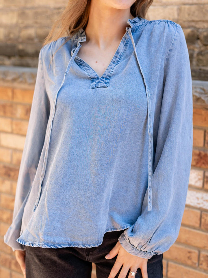 washed denim tie front top