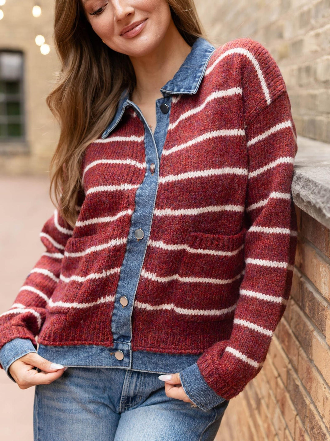 Mystree Two-fer Denim Detailed Stripe Sweater Jacket