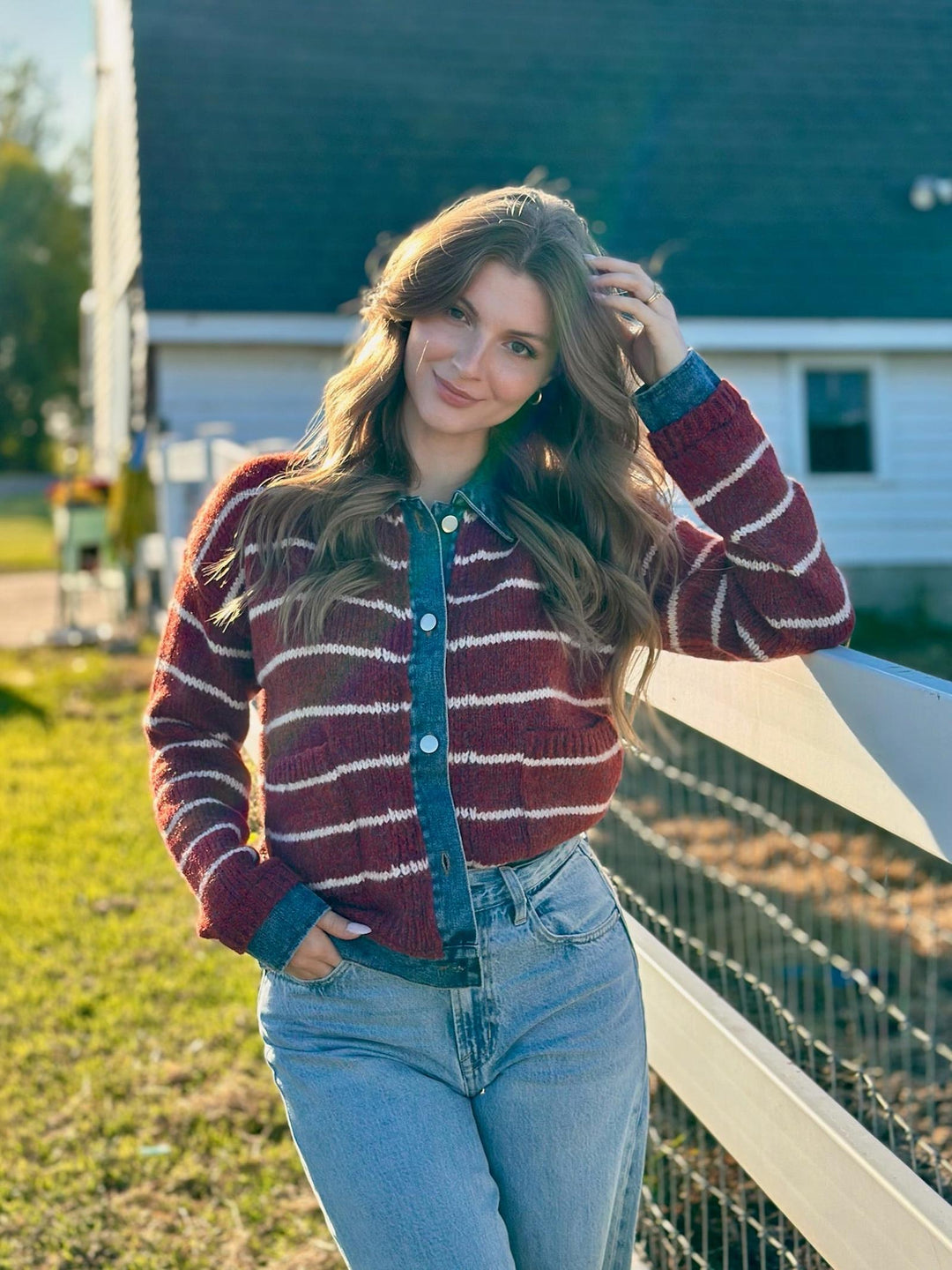 Mystree Two-fer Denim Detailed Stripe Sweater Jacket