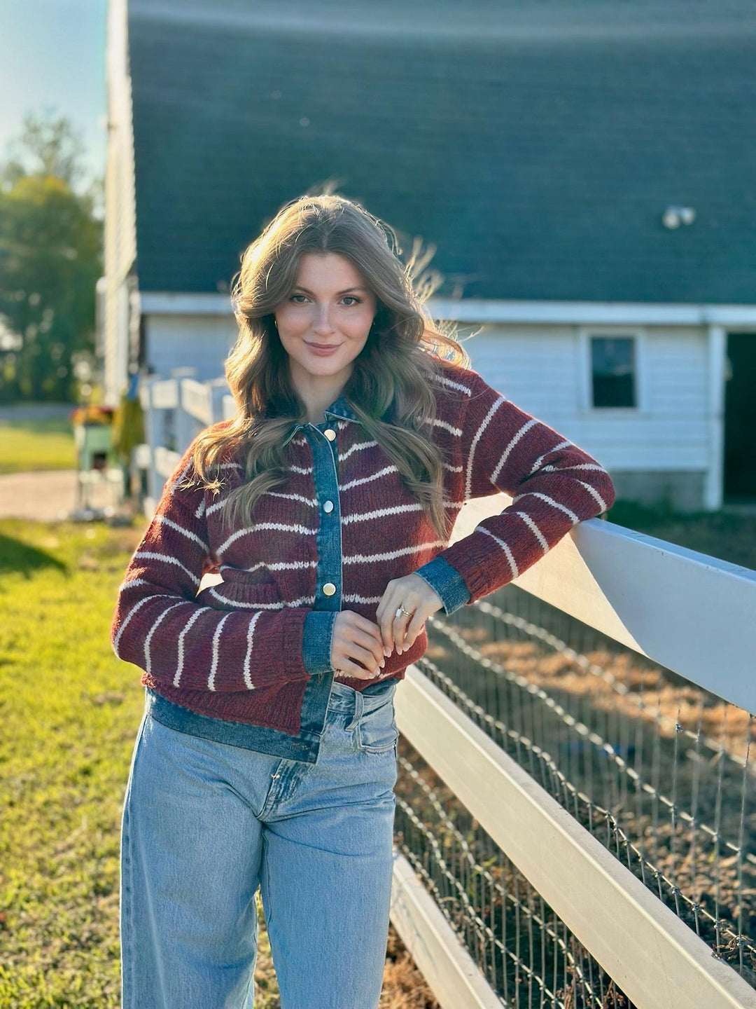 Mystree Two-fer Denim Detailed Stripe Sweater Jacket