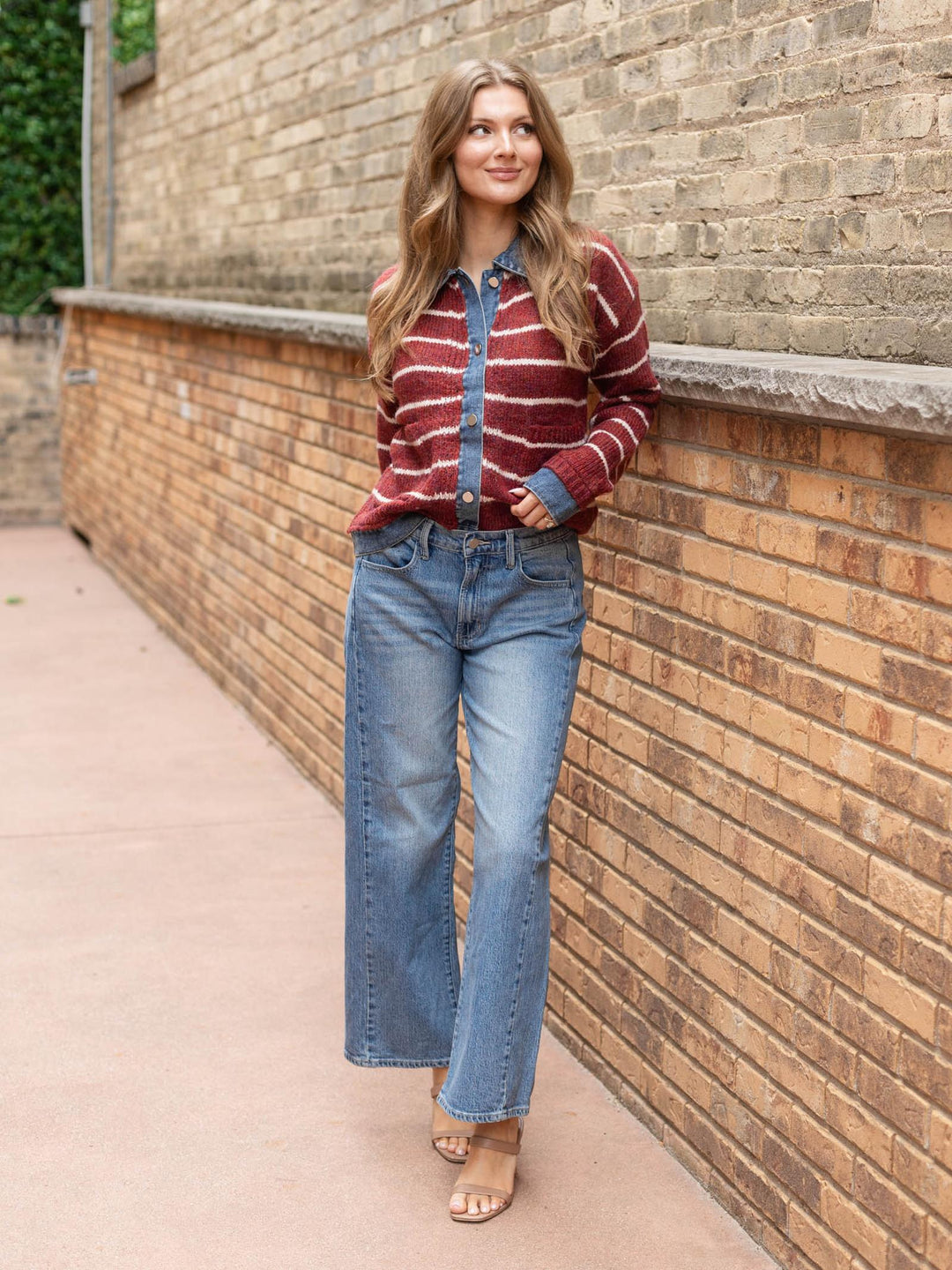 Mystree Two-fer Denim Detailed Stripe Sweater Jacket