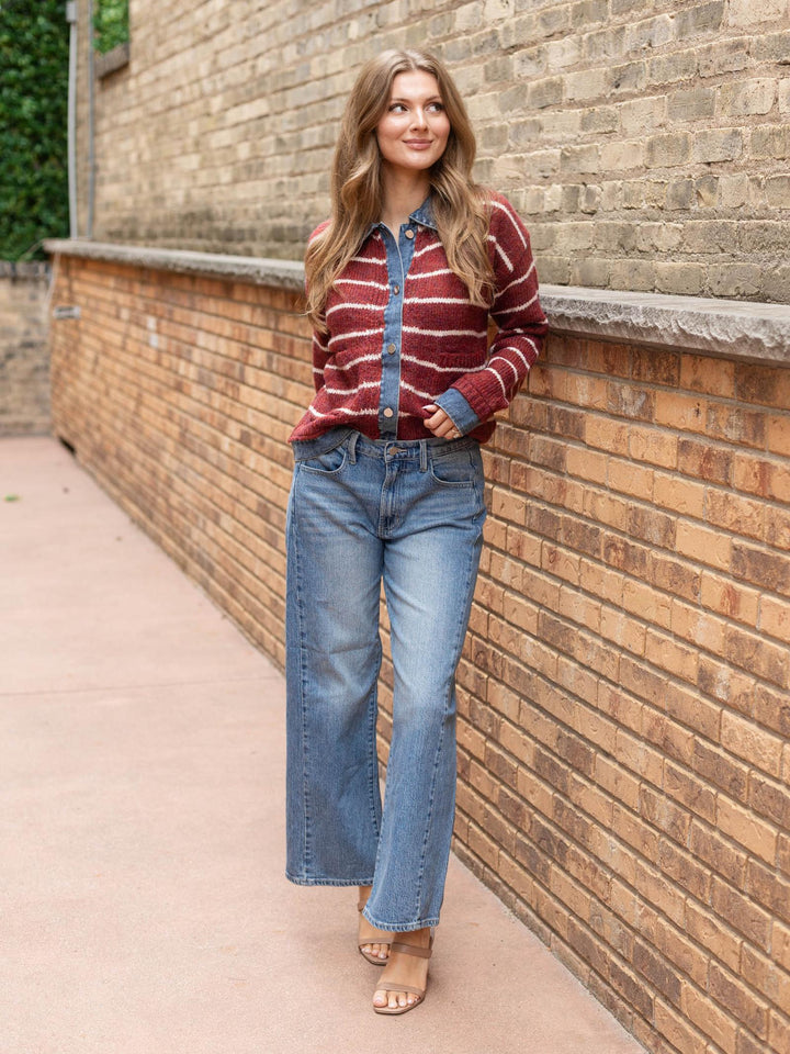 Mystree Two-fer Denim Detailed Stripe Sweater Jacket