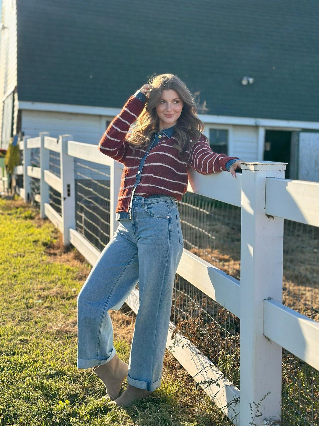 Mystree Two-fer Denim Detailed Stripe Sweater Jacket