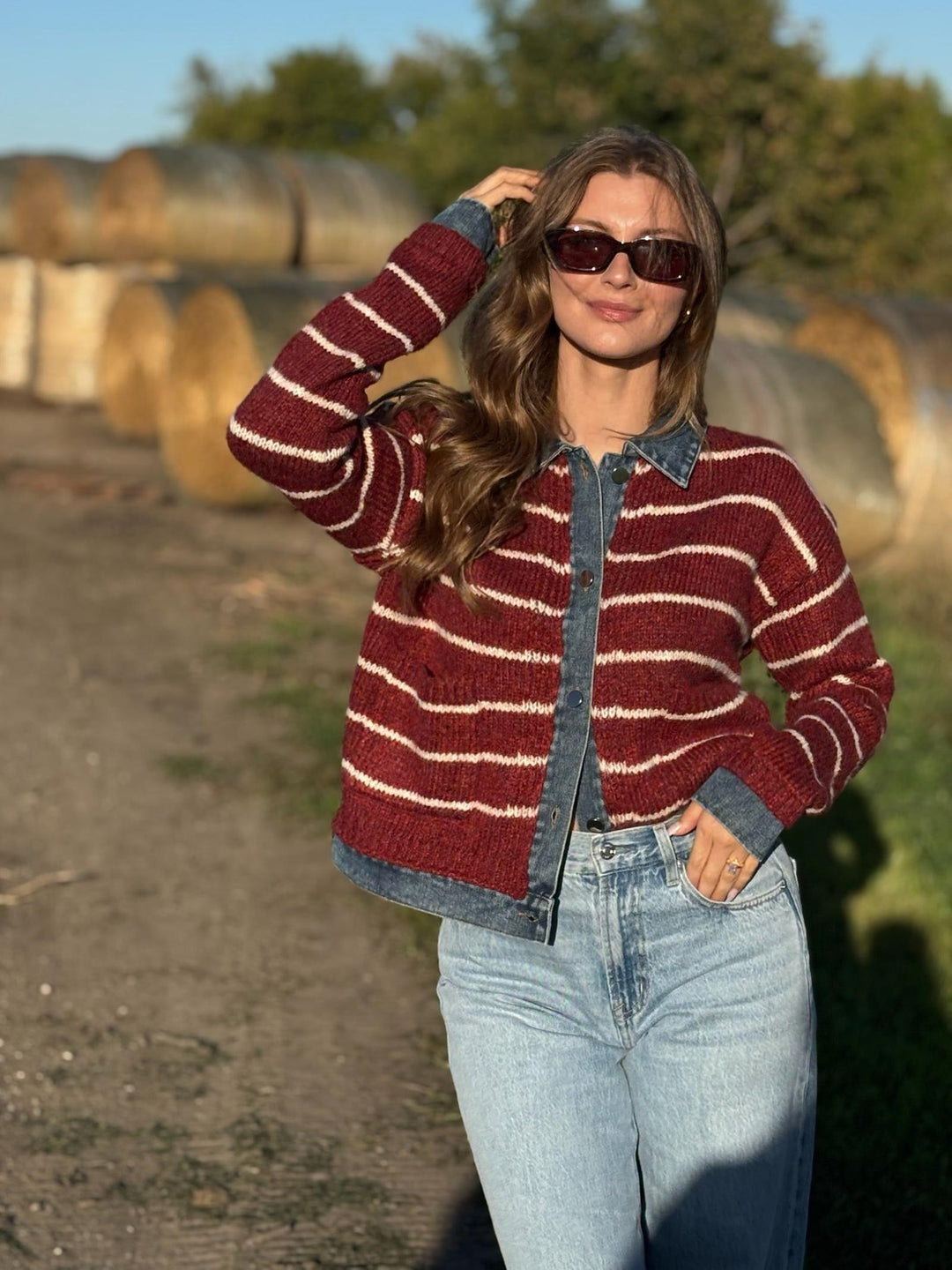 Mystree Two-fer Denim Detailed Stripe Sweater Jacket
