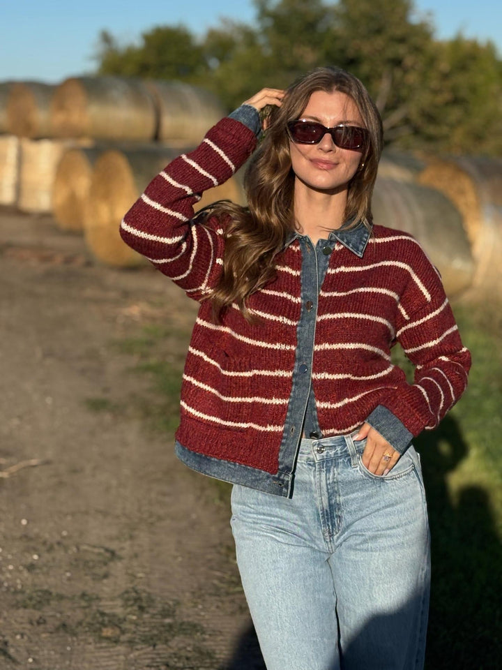Mystree Two-fer Denim Detailed Stripe Sweater Jacket