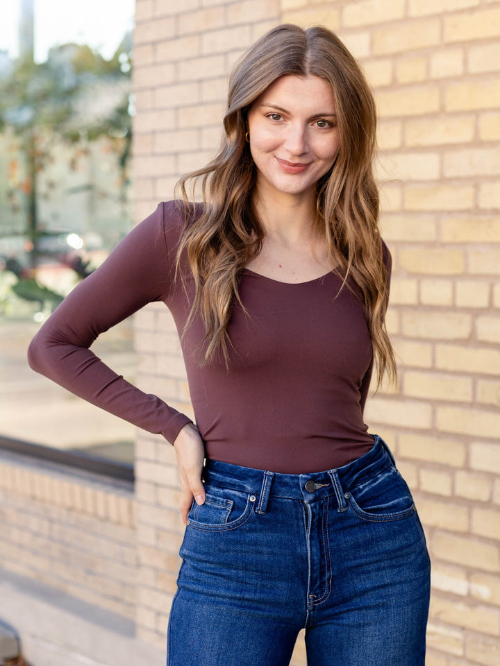 brown fitted long sleeve top