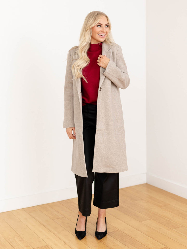 heathered oatmeal long structured coat