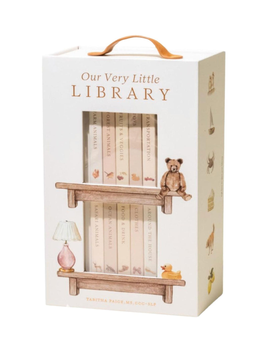 White box with 10 small board books, watercolor illustrations, and a brown handle.