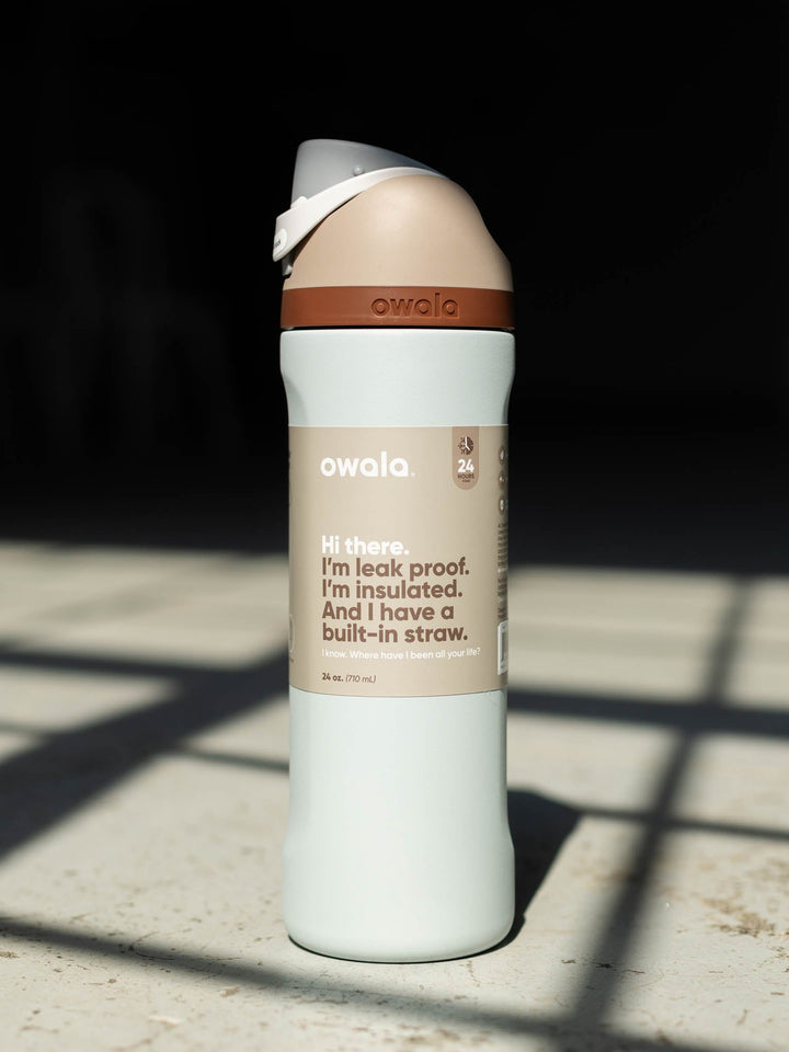 brown and blue owala water bottle