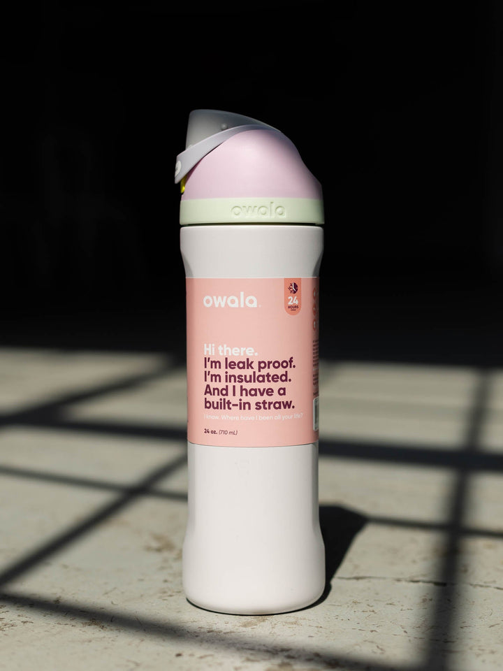 purple and light blue water bottle