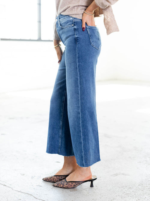 medium wash wide leg ankle denim
