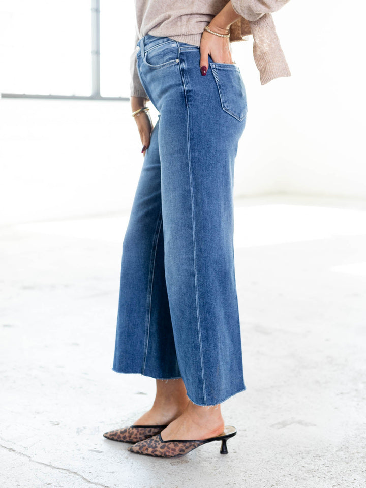 medium wash wide leg ankle denim