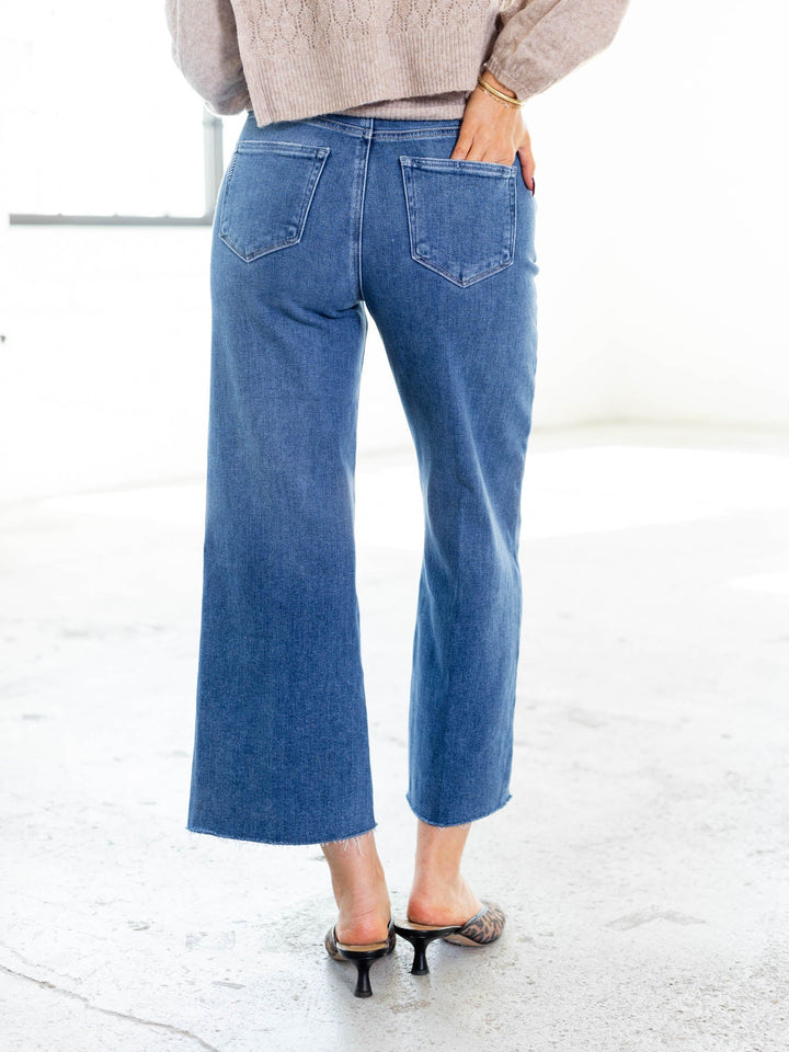 medium wash wide leg ankle denim