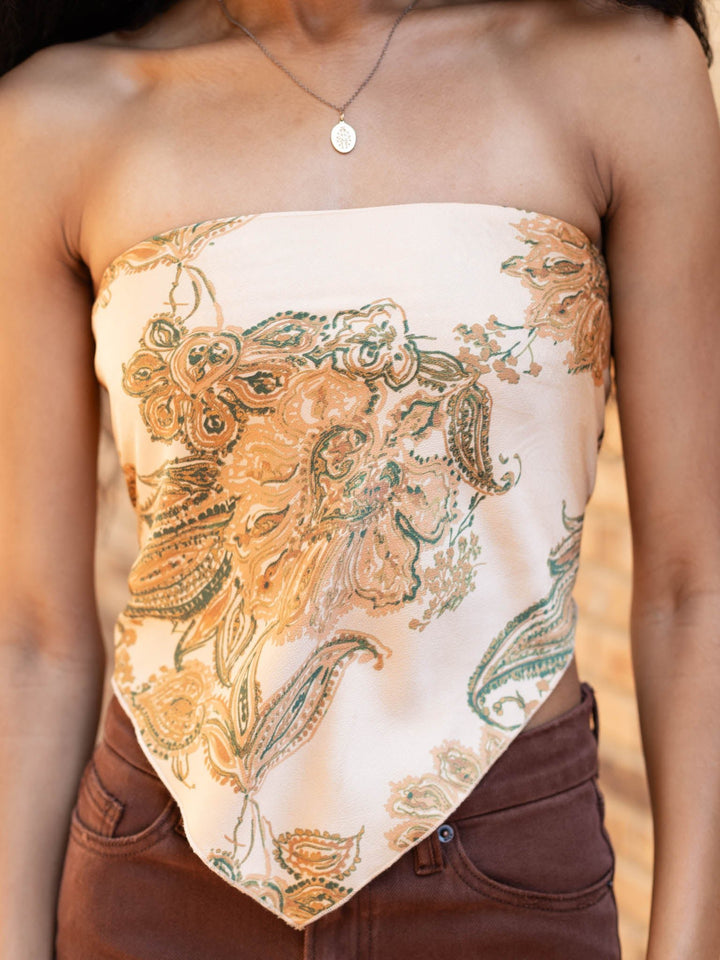 satin paisley printed strapless top